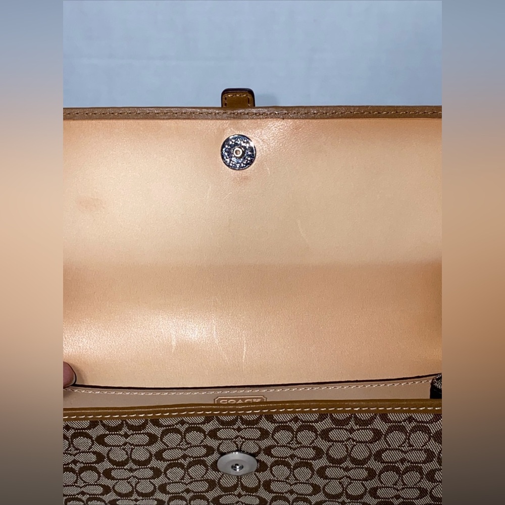 Coach Mini Monogram TAN LONG WALLET W/LEATHER TRIM & BUCKLE VGC - Picture 6 of 14